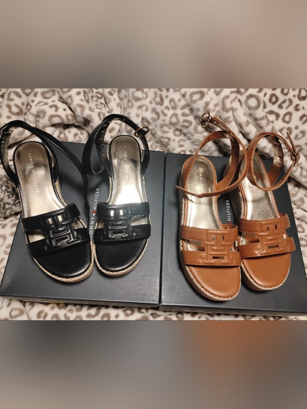 Tommy Hilfiger Women’s Black and Brown Leather Logo-Accent Ankle-Strap Sandals